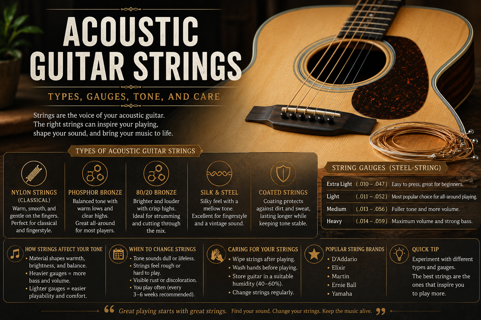 Acoustic Guitar Strings: Types, Gauges, Tone, and Care